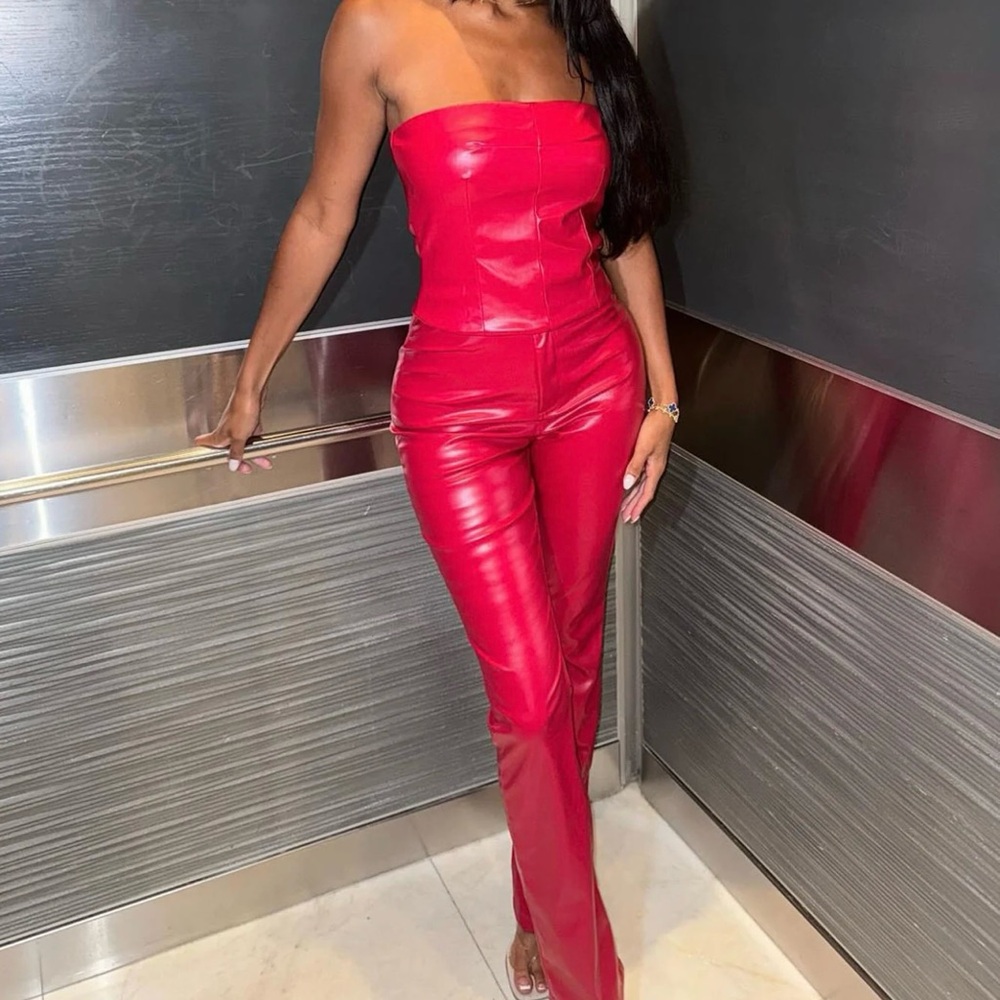 Red Strapless Top and Flared Bottoms